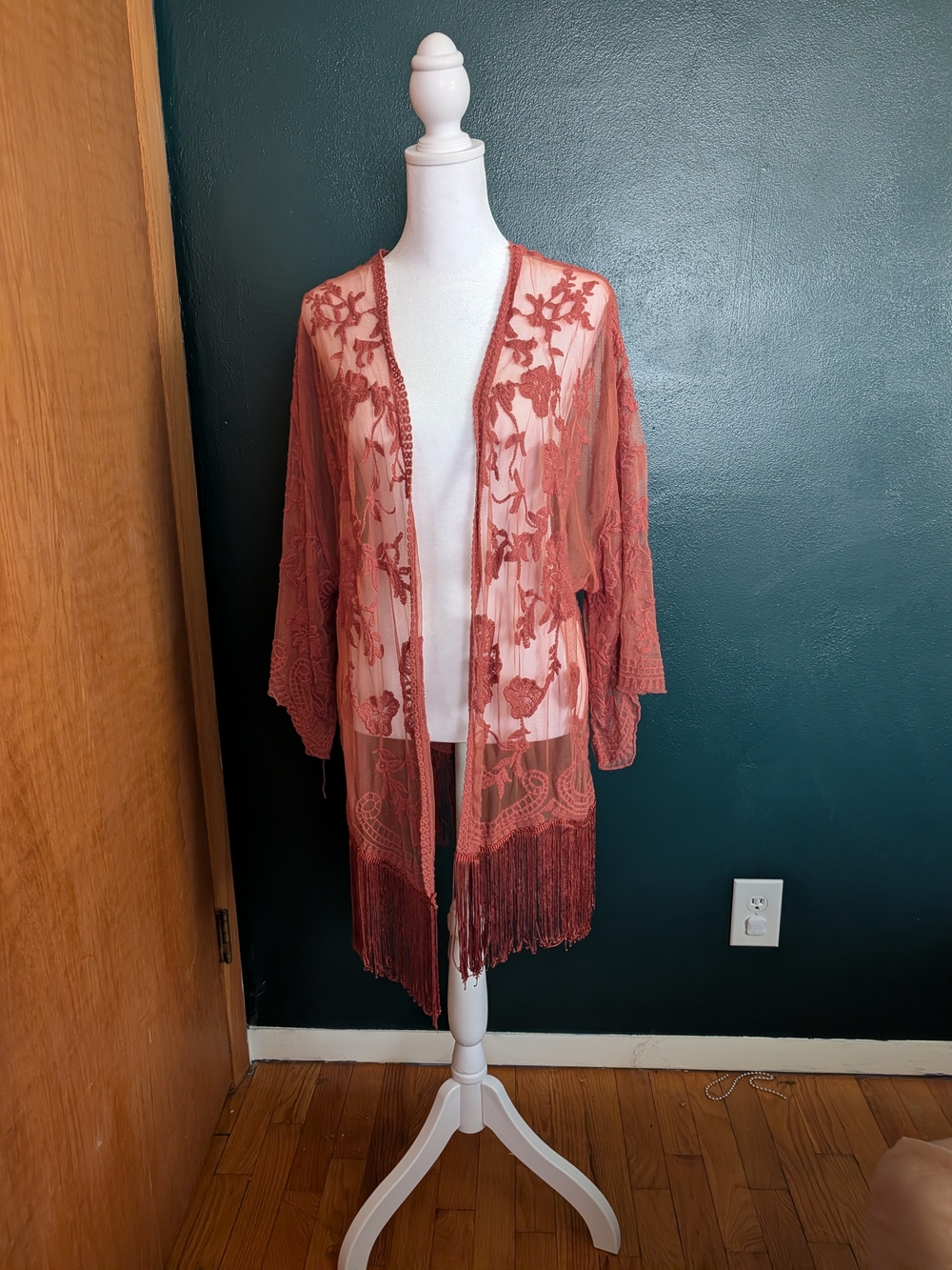 Charlotte Russe Sheer Embroidered Fringe Kimono - Rust